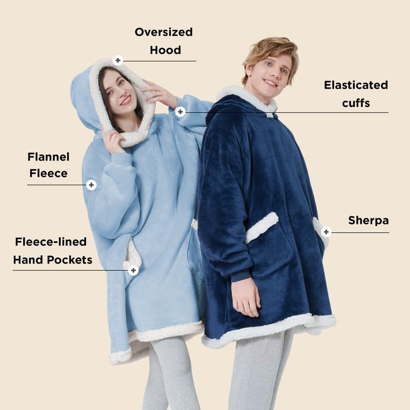 Bedsure Wearable Blanket Hoodie - Sherpa Hooded Blanket as Gifts for Mom Women Girlfriend Kids, Cozy Sweatshirt Blanket, Solid, Grey, Standard