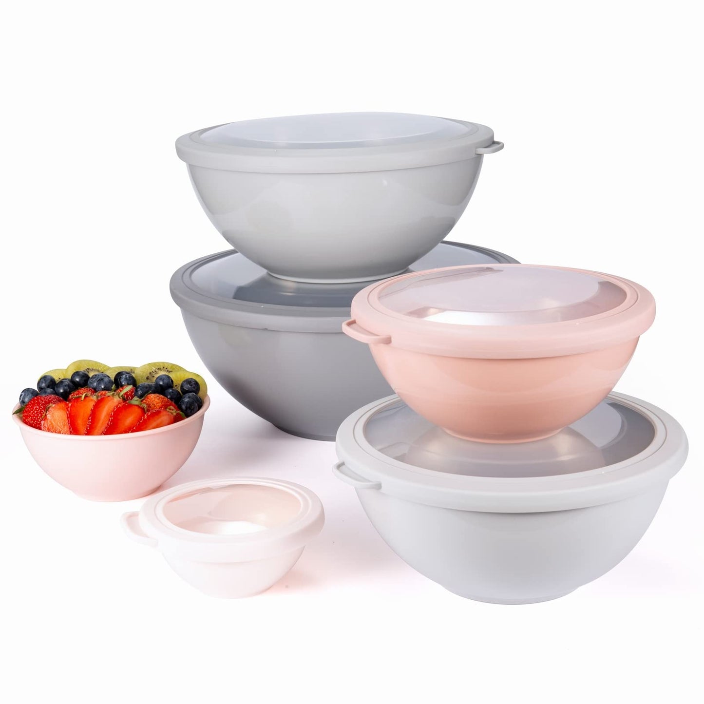 COOK WITH COLOR Mixing Bowls with Lids - 12 Piece Plastic Nesting Bowls Set includes 6 Prep Bowls and 6 Lids, Non Slip Bottom and Rhombus Design - Microwave Safe (Grey)