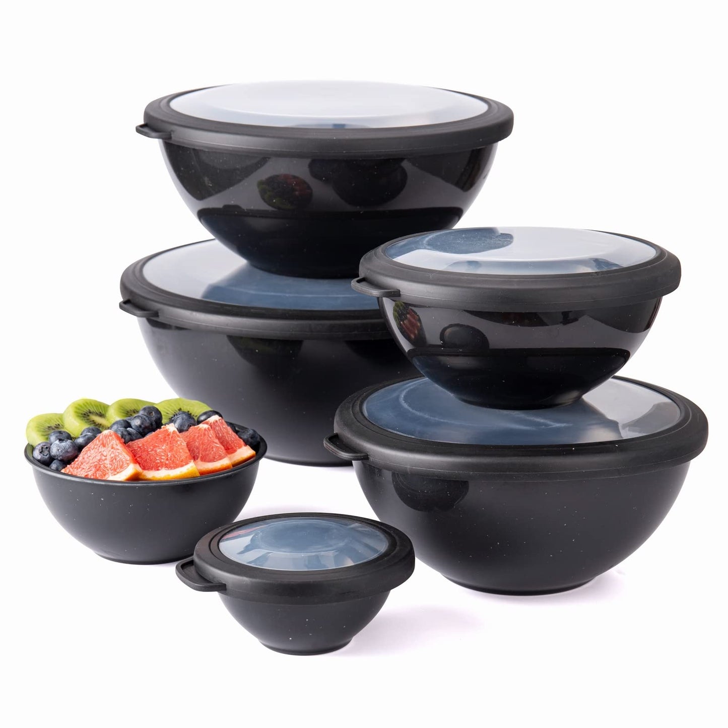 COOK WITH COLOR Mixing Bowls with Lids - 12 Piece Plastic Nesting Bowls Set includes 6 Prep Bowls and 6 Lids, Non Slip Bottom and Rhombus Design - Microwave Safe (Grey)