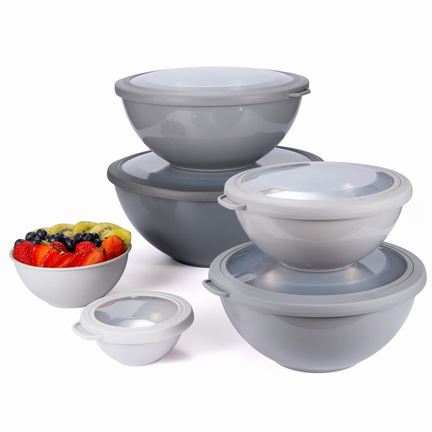 COOK WITH COLOR Mixing Bowls with Lids - 12 Piece Plastic Nesting Bowls Set includes 6 Prep Bowls and 6 Lids, Non Slip Bottom and Rhombus Design - Microwave Safe (Grey)