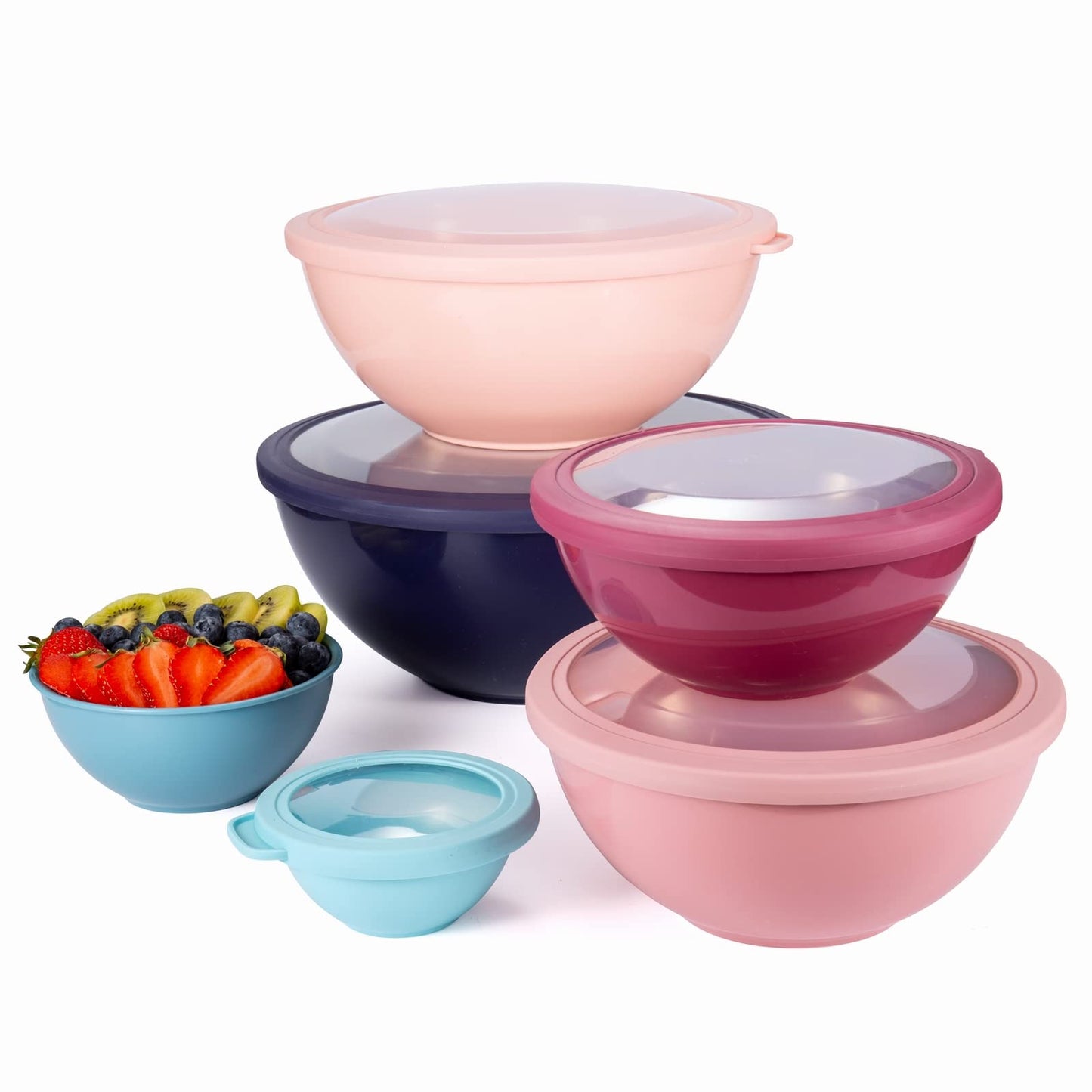 COOK WITH COLOR Mixing Bowls with Lids - 12 Piece Plastic Nesting Bowls Set includes 6 Prep Bowls and 6 Lids, Non Slip Bottom and Rhombus Design - Microwave Safe (Grey)