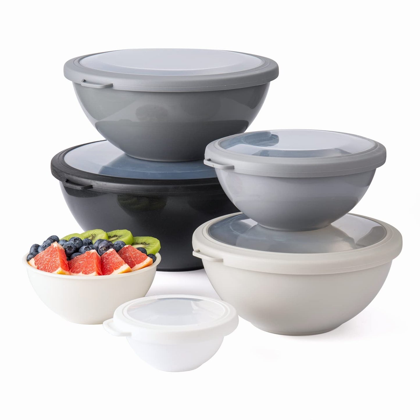 COOK WITH COLOR Mixing Bowls with Lids - 12 Piece Plastic Nesting Bowls Set includes 6 Prep Bowls and 6 Lids, Non Slip Bottom and Rhombus Design - Microwave Safe (Grey)