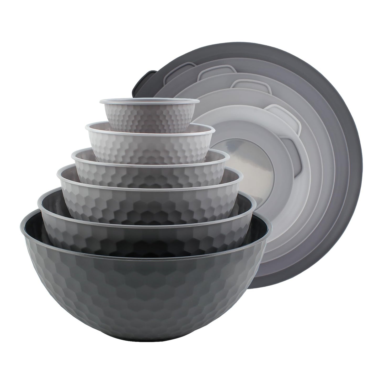 COOK WITH COLOR Mixing Bowls with Lids - 12 Piece Plastic Nesting Bowls Set includes 6 Prep Bowls and 6 Lids, Non Slip Bottom and Rhombus Design - Microwave Safe (Grey)