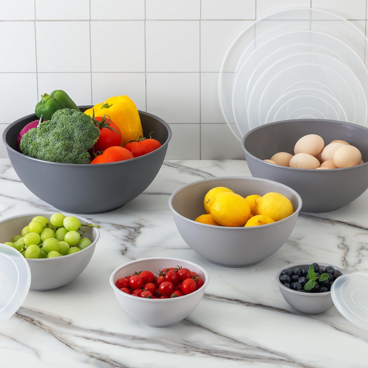 COOK WITH COLOR Mixing Bowls with Lids - 12 Piece Plastic Nesting Bowls Set includes 6 Prep Bowls and 6 Lids, Non Slip Bottom and Rhombus Design - Microwave Safe (Grey)