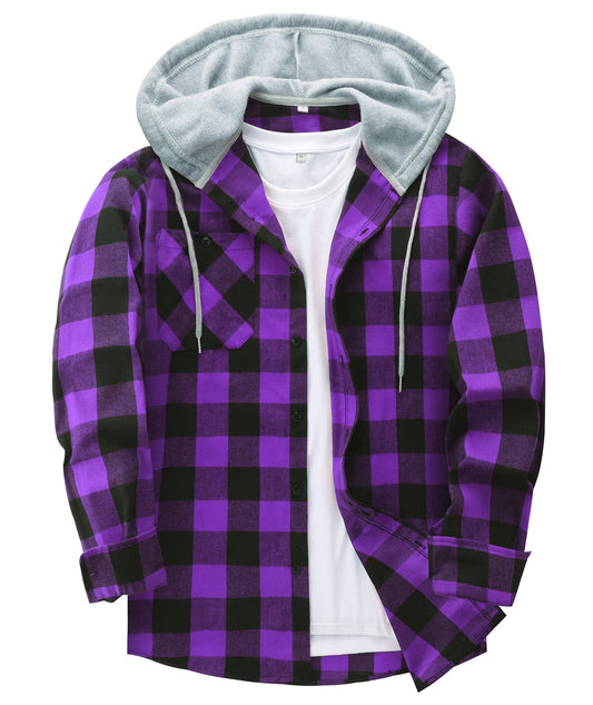 SCODI Mens Flannel Hoodie Shirt Casual Button Down Plaid Jacket Shirts Stylish Long Sleeve Shirts with Pocket Purple Large