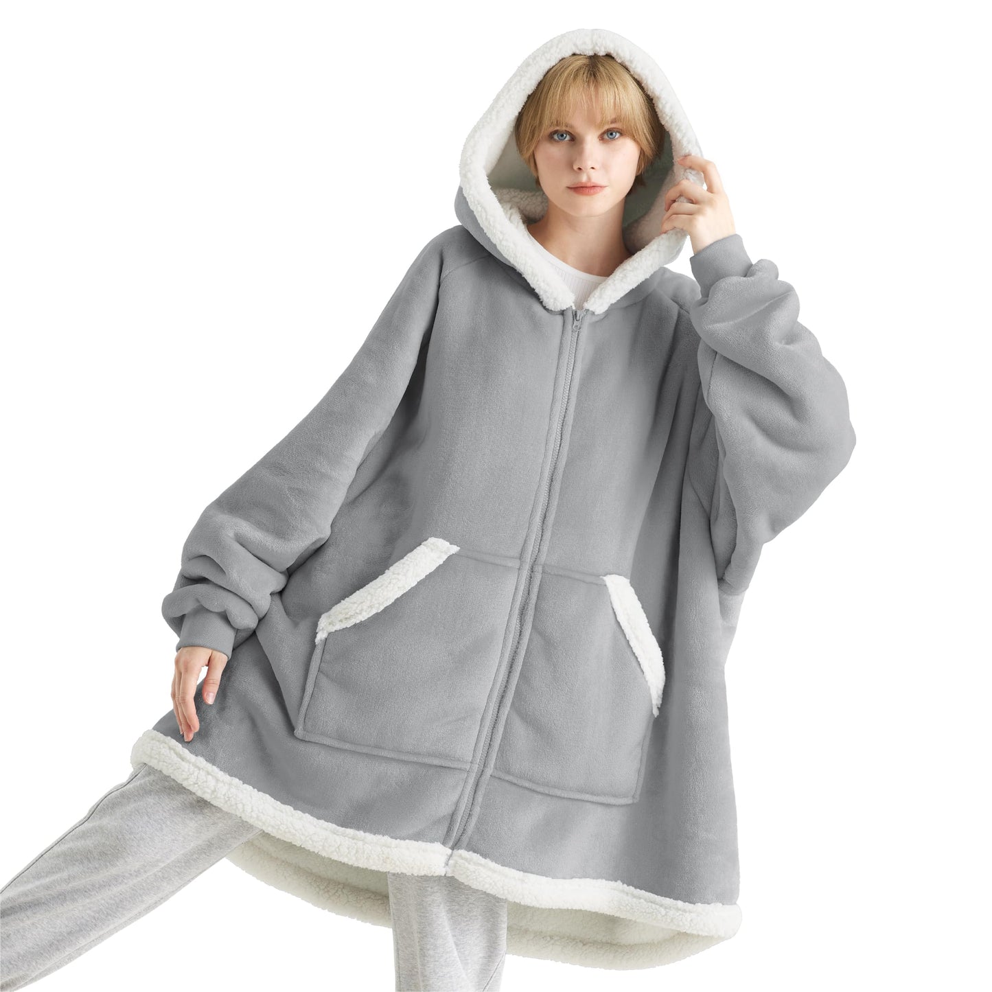 Bedsure Wearable Blanket Hoodie - Sherpa Hooded Blanket as Gifts for Mom Women Girlfriend Kids, Cozy Sweatshirt Blanket, Solid, Grey, Standard