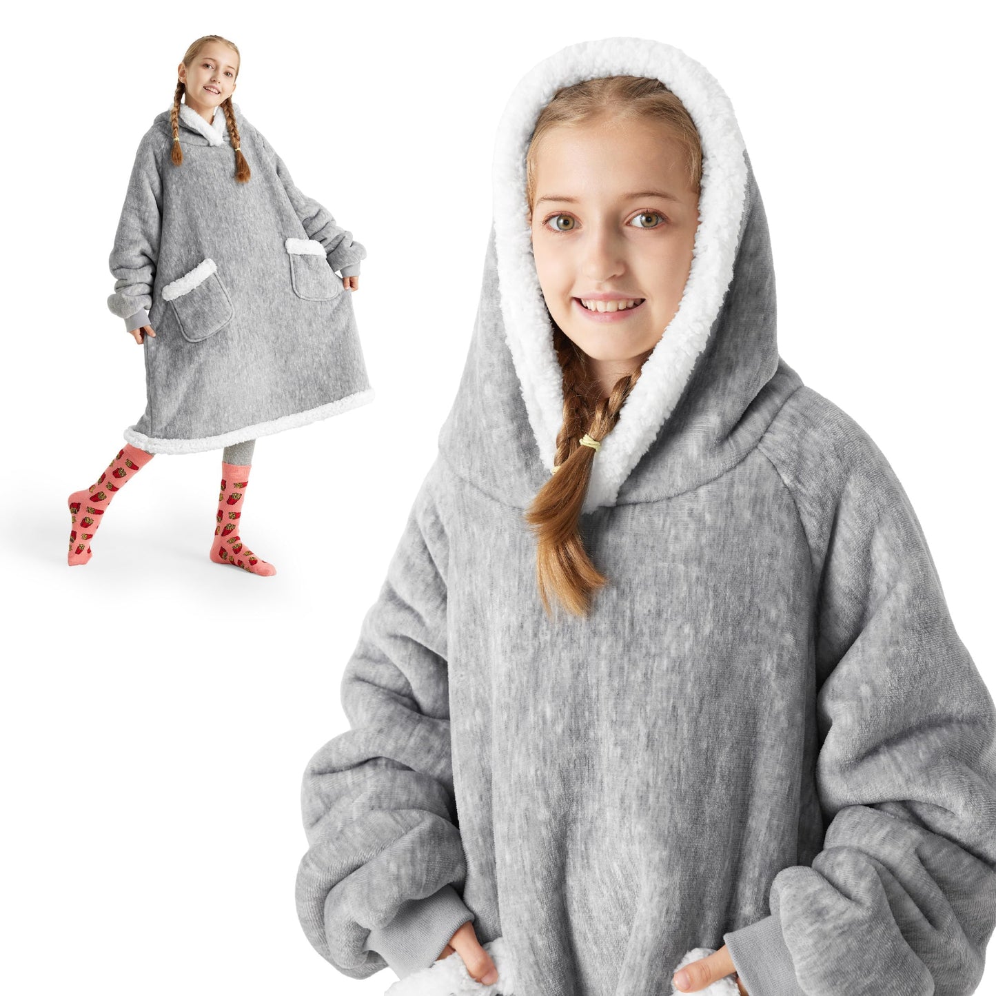 Bedsure Wearable Blanket Hoodie - Sherpa Hooded Blanket as Gifts for Mom Women Girlfriend Kids, Cozy Sweatshirt Blanket, Solid, Grey, Standard