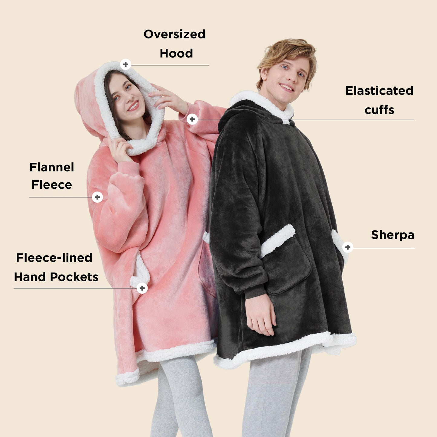 Bedsure Wearable Blanket Hoodie - Sherpa Hooded Blanket as Gifts for Mom Women Girlfriend Kids, Cozy Sweatshirt Blanket, Solid, Grey, Standard