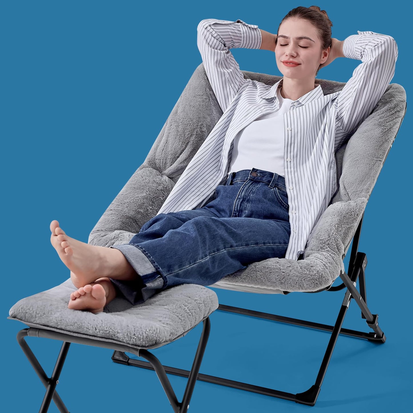 OAKHAM Comfy Saucer Chair for Adults, Soft Faux Fur Folding Lounge Chair for Bedroom Living Room Dorm Rooms Flexible Reading Chair for Teens Kids, X-Large Foldable Chair (Faux Fur-Grey)