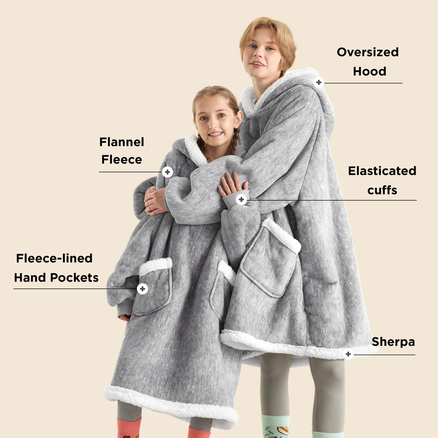 Bedsure Wearable Blanket Hoodie - Sherpa Hooded Blanket as Gifts for Mom Women Girlfriend Kids, Cozy Sweatshirt Blanket, Solid, Grey, Standard