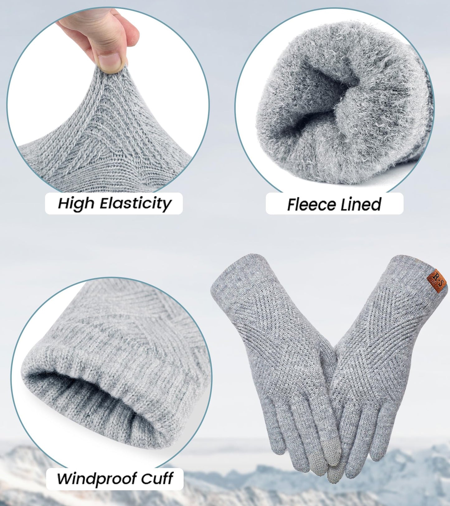 REACH STAR Winter Gloves for Women, 3-Finger Touch Screen Elastic Lining Knit Gloves, Warm Gloves Cold Weather,Running,Driving(light gray)