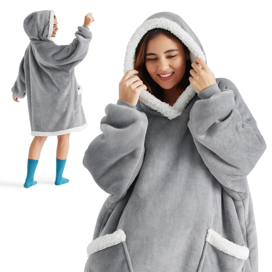 Bedsure Wearable Blanket Hoodie - Sherpa Hooded Blanket as Gifts for Mom Women Girlfriend Kids, Cozy Sweatshirt Blanket, Solid, Grey, Standard