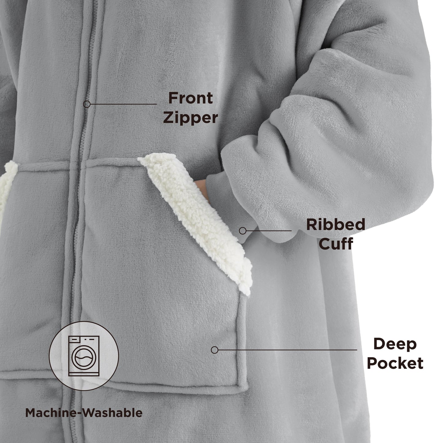 Bedsure Wearable Blanket Hoodie - Sherpa Hooded Blanket as Gifts for Mom Women Girlfriend Kids, Cozy Sweatshirt Blanket, Solid, Grey, Standard